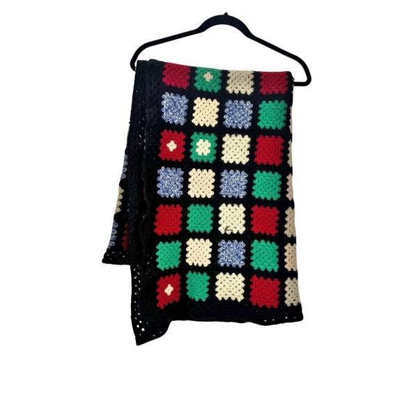 Vintage Handmade Granny Square Afghan Knitted Throw Blanket Fabric Multicolor